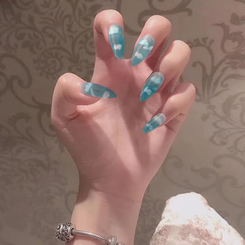 24Pcs Blue Color Transparent Cloud Fake Press on Nails White Texture Full Cover Acrylic Fake Nails DIY Nail Beauty Gifts