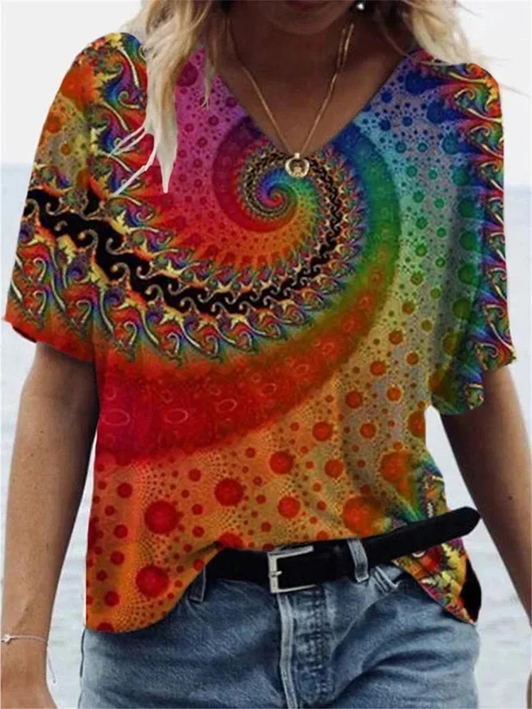 🔥kukelife🔥Retro Mandala Floral Tie Dye Printed V-neck T-Shirt