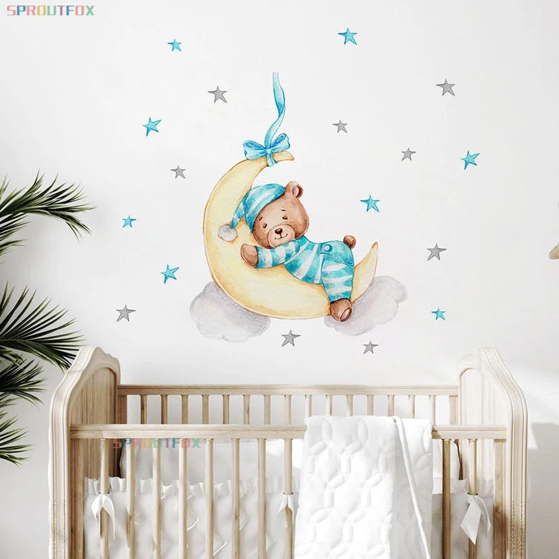 Blue Sleepwear Bear Stickers for Wall Decoratives Kids Room Baby Boys Room Moon Stickers Cute Animals Nursery Bedroom Wall Decal
