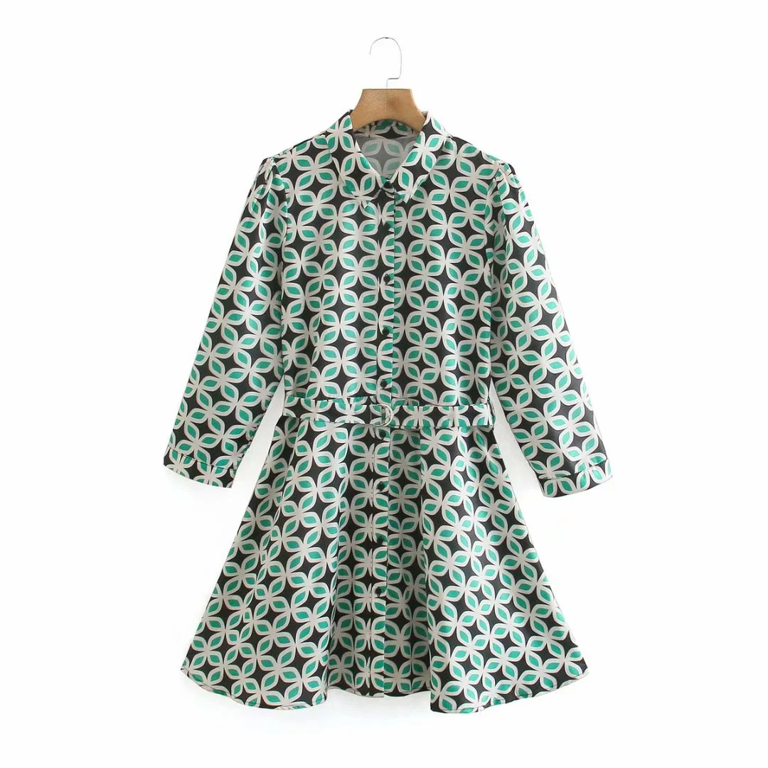 Zevity New Women Vintage Floral Geometric Print Sashes Shirtwaist Dress Female Chic Breasted Casual Kimono Mini Vestido DS8167