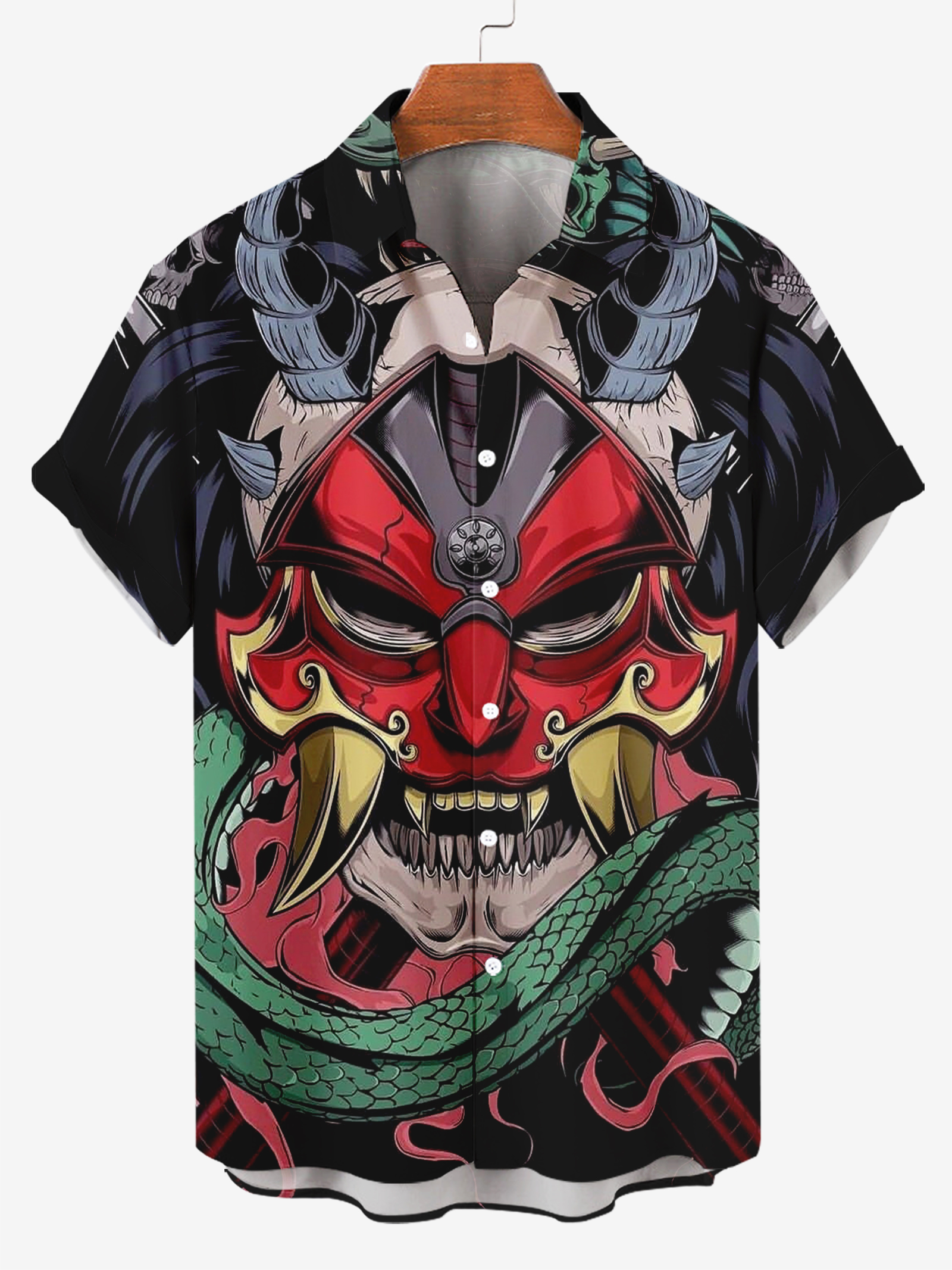 Men's shirt collar red face closed eyes mask print casual short sleeve shirt PLUSCLOTHESMAN