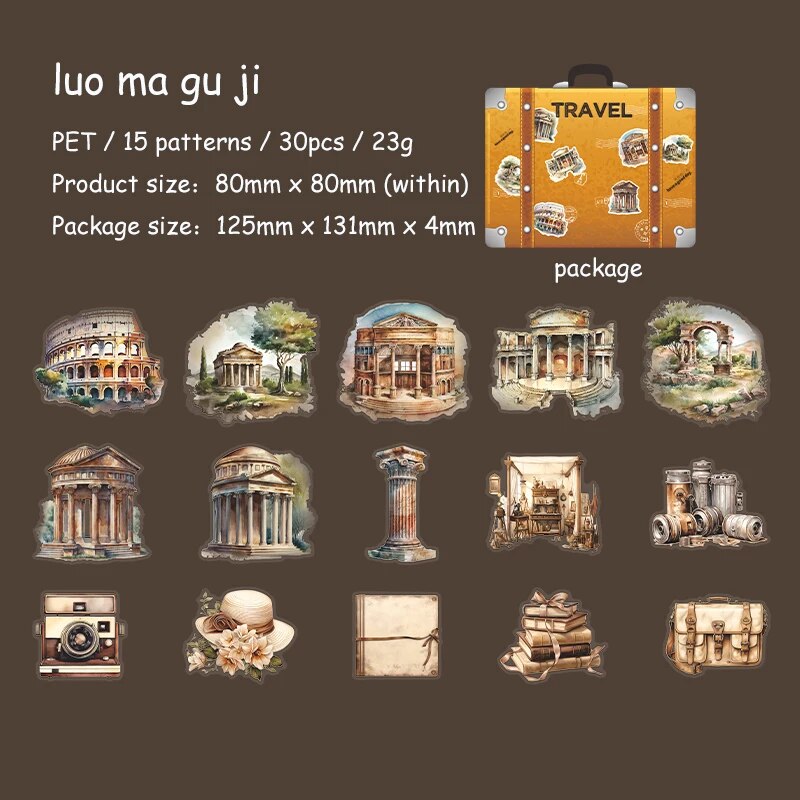 Journalsay 30 Sheets Heritage Tour Series Vintage Building Landscaping PET Sticker