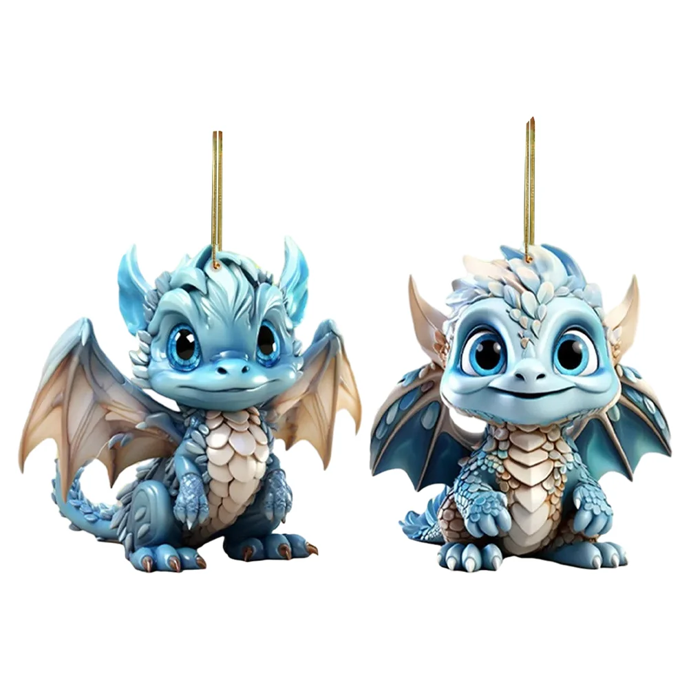 2 PCS Acrylic Flying Dragon Baby 2D Flat Dinosaur Xmas Tree Hangings Ornament