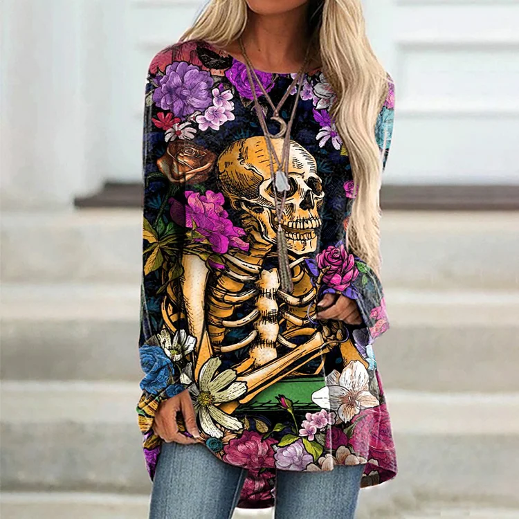Vefave Floral Skull Print Long Sleeve Tunic