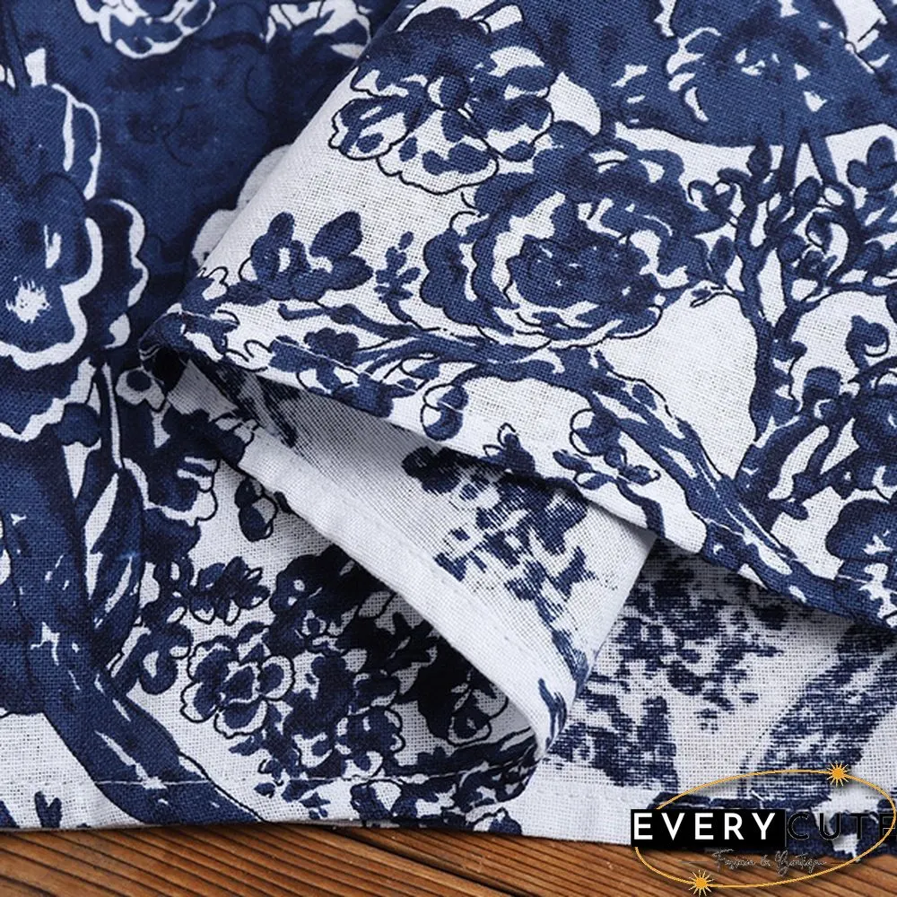 Womens Fashion Casual Cotton Top Autumn Floral Print Neck Sleeve Baggy Retro Shirt Blouse