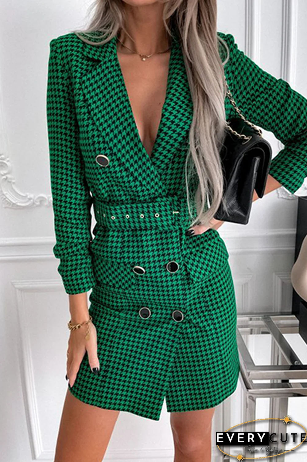 Fashion Elegant Plaid Buckle With Belt Turn-back Collar Outerwear（3 colors）