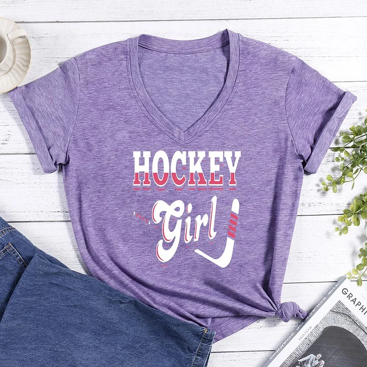 Hockey Girl V-neck T Shirt-Annaletters