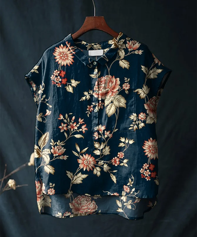 Vintage Floral Print Short-sleeved Cotton and Linen Shirt