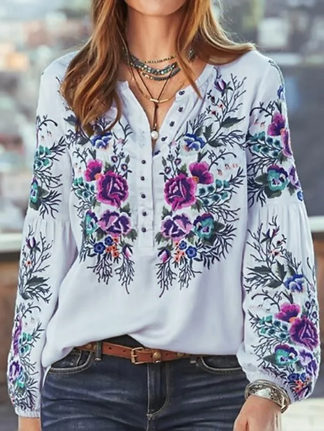 Women's Blouse Shirt Floral Flower Long Sleeve V Neck Tops Loose Basic Top Blue Yellow Blushing Pink-812