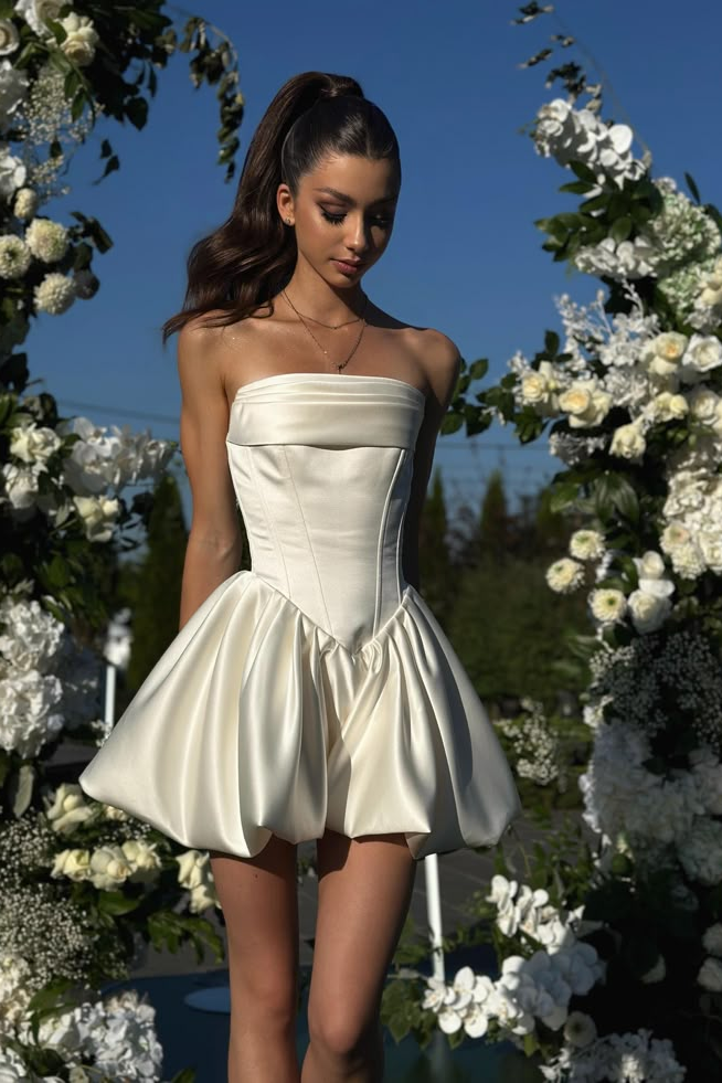 Oknass Charming White Strapless Sleeveless Short Homecoming Dress With Pleated