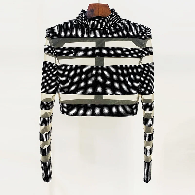 Nigikala Nigikala New Star Temperament Fashion Mesh Splicing Hot Diamond Top