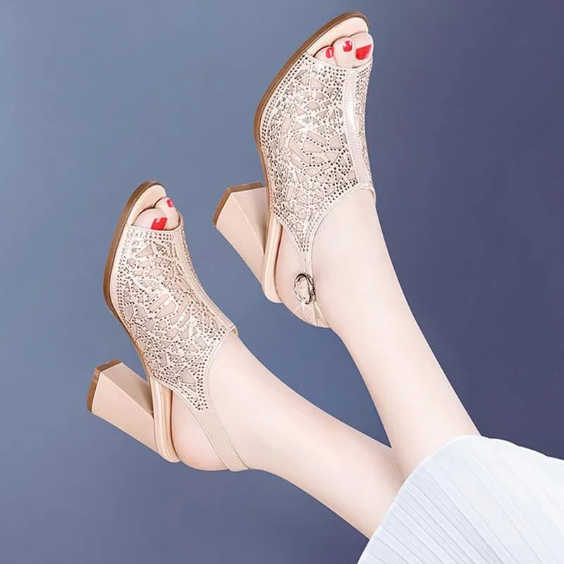 Women Peep Toe High Heels Mesh Hollow Out Pumps Sandals Crystal Back Strap Party Shoes