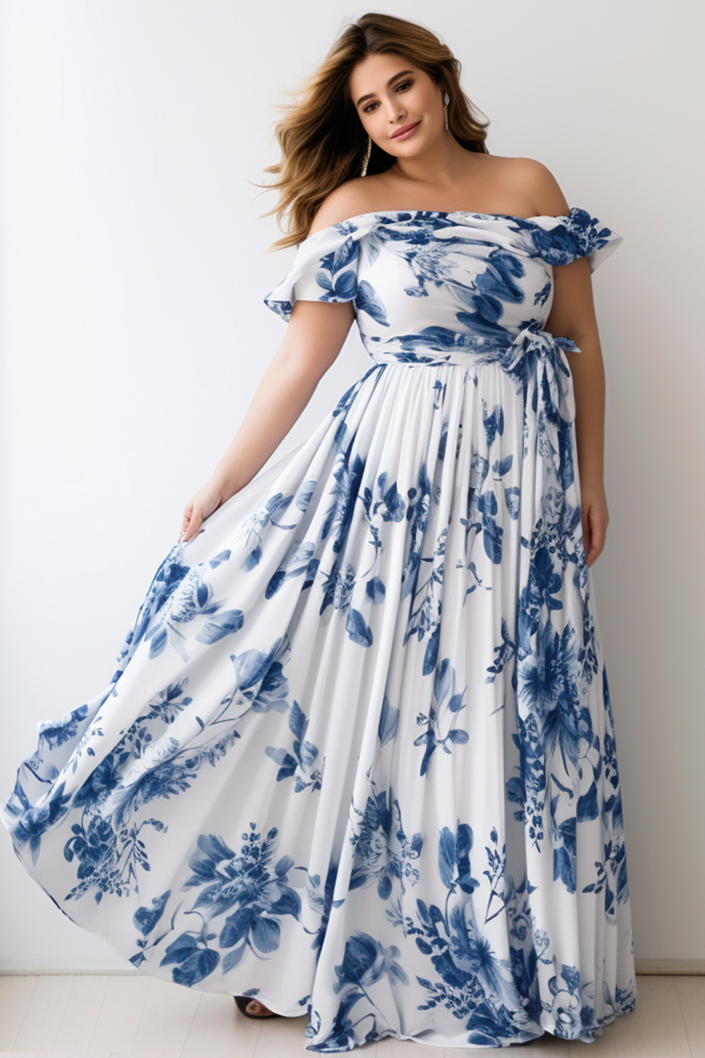 Flycurvy Plus Size Wedding Guest White Floral Print Off The Shoulder Tunic Maxi Dress 2024 - Flycurvy 