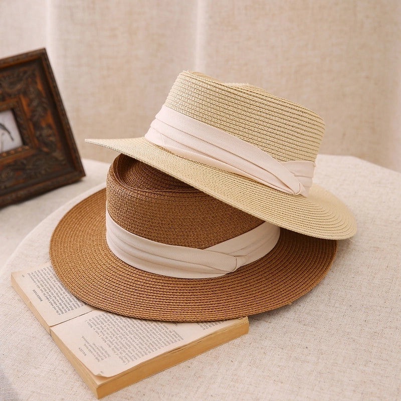 Big Head Straw Hat Women's Flat Top Hat Flat Brim Sunshade Hat Fashionable Women's Straw Sun Hat Showing Small Face