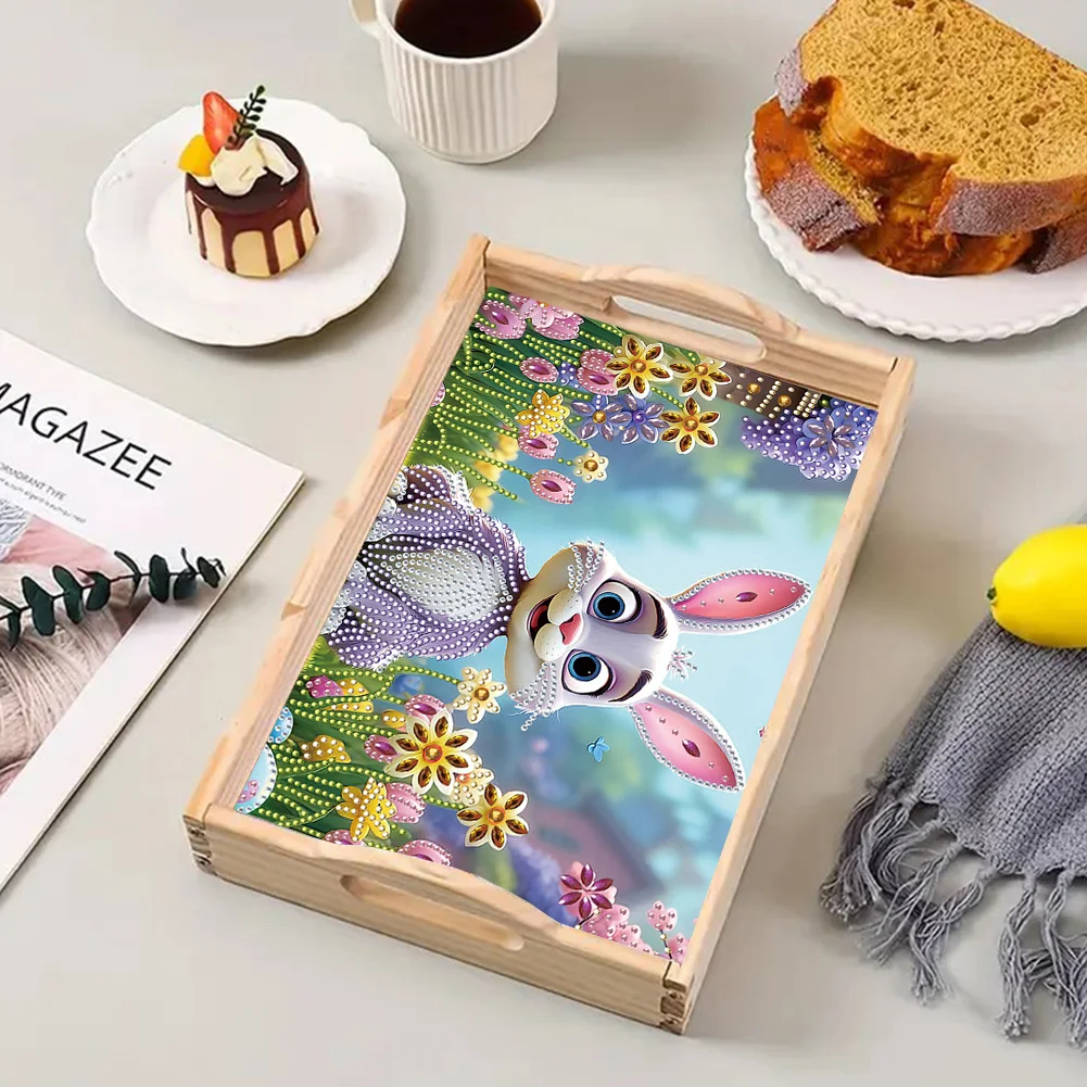 Wooden Garden Rabbit 5D DIY Diamond Painting Serving Tray for Home Decor
