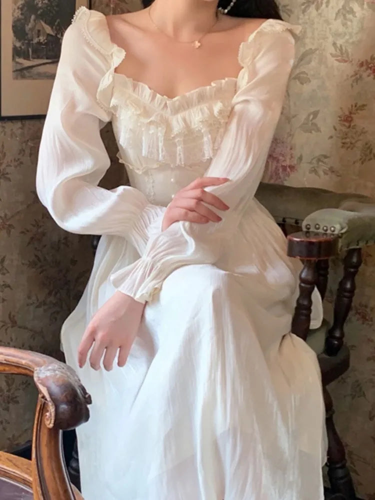 Aiertu New Spring Fashion Elegant Chic Women Dress Long Sleeve Vintage Casual Solid Party Birthday Robe Female French Style Vestidos Aiertu