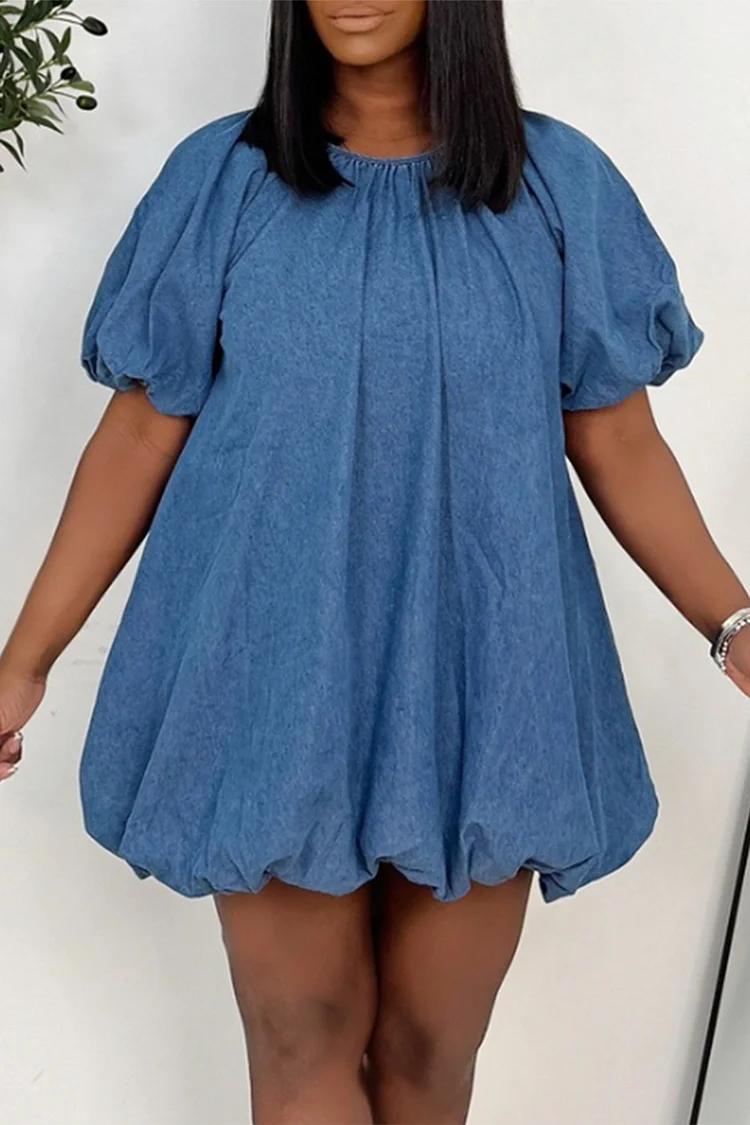 Plus Size Vacation Blue Casual Round Neck Short Sleeve Bubble Tencel Denim Mini Dresses [Pre-Order] 2024 - Xpluswear