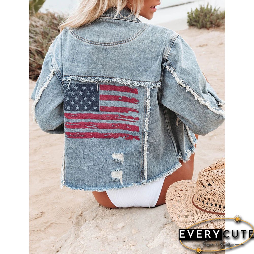 Light Blue Distressed Raw Hem Denim Jacket