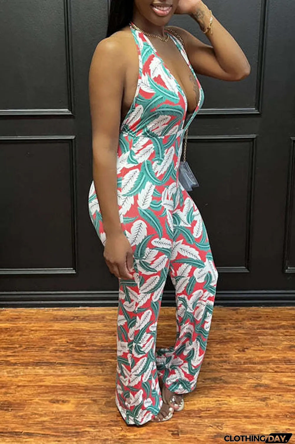 Green Sexy Print Split Joint Halter Regular Jumpsuits