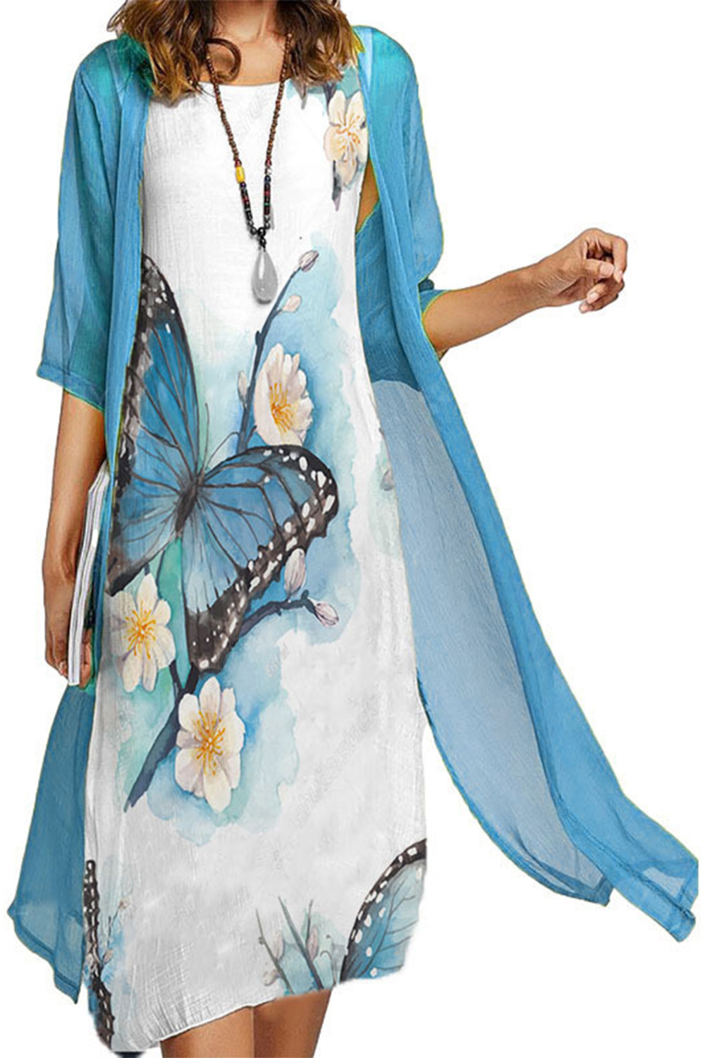 Plus Size Everyday Blue Butterfly Floral Print 3/4 Sleeve Two Piece Midi Dress With Jacket 2024 - Flycurvy 