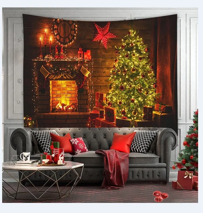 Christmas Tree Print Tapestry Wall Hanging Background Cloth Decor Red Santa Claus Polyester Tapestry Home Room Wall Decoration