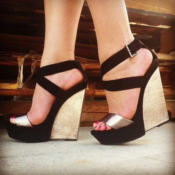 Gold and Black Vegan Suede Cross Over Strap Platform Wedge Heels Sandals |FSJ Shoes