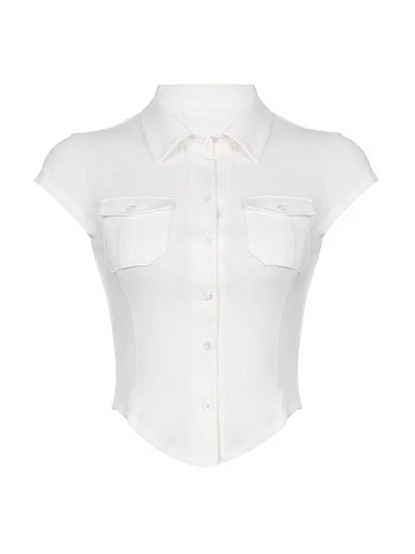 Brownm Y2K blouse with pocket and button placket