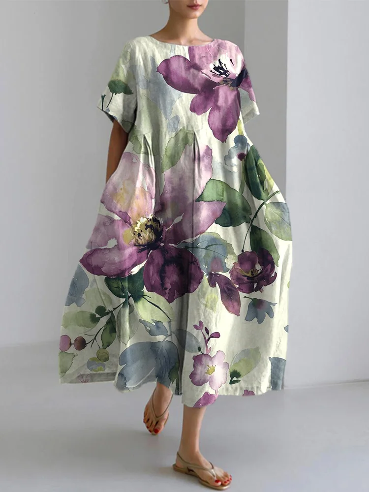 Watercolor Floral Art Print Cozy Cotton Linen Dress