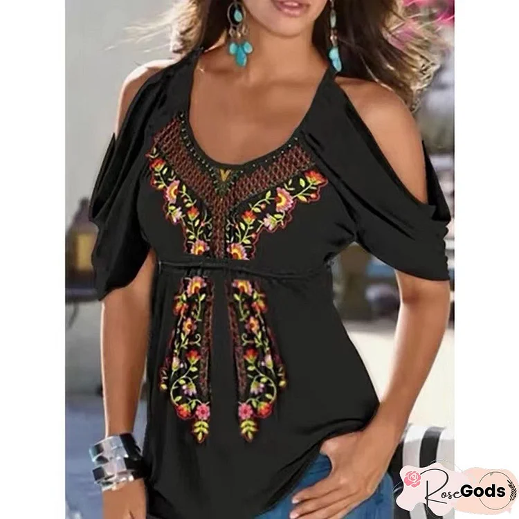 Boho Printed V Neck Off Shoulder Cold Shoulder Cotton Blend Short Sleeve Tunic Top