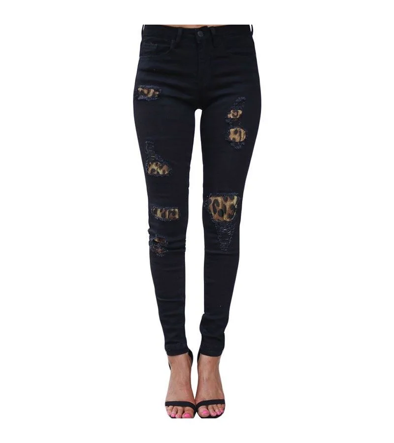 Fashion Leopard Print Patchwork Design Pencil Jeans S-2XL