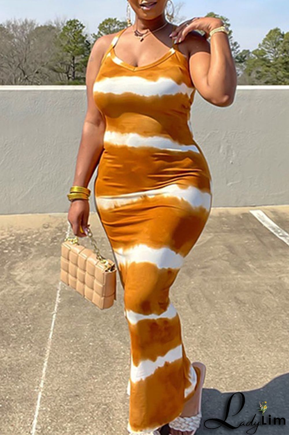 Coffee Fashion Print Backless Spaghetti Strap Long Dress