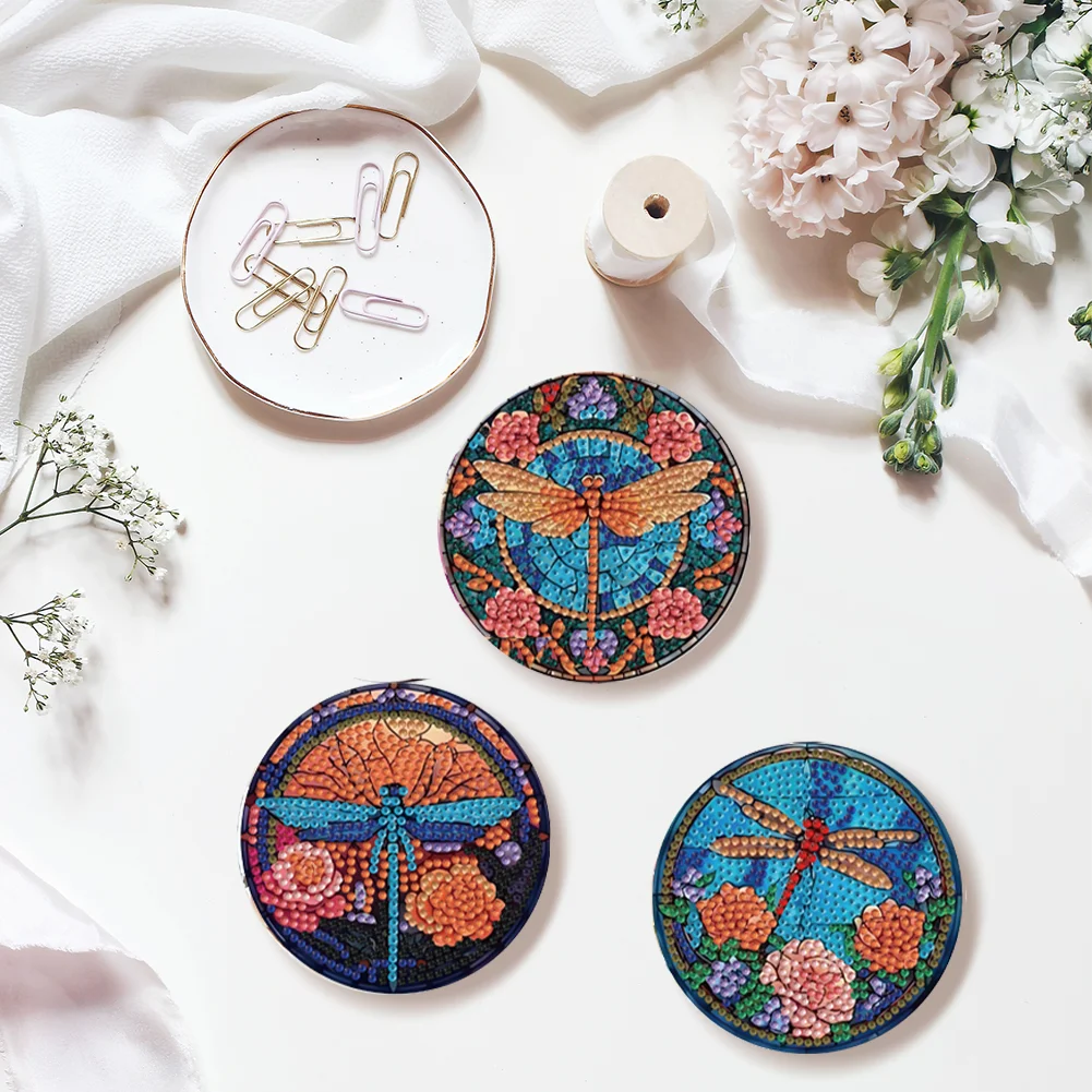 8pcs Dragonfly DIY Diamond Painting Coasters Kits with Holder Wooden Coaster