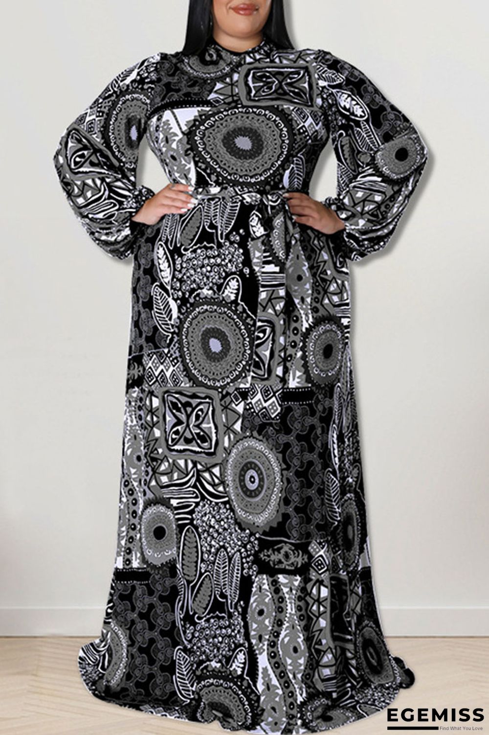 Black Fashion Casual Print Patchwork O Neck Straight Plus Size Dresses | EGEMISS