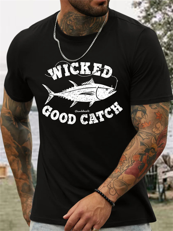 Men's Funny Fishing Graphic Printed Cotton Letters Short Sleeve T-shirt