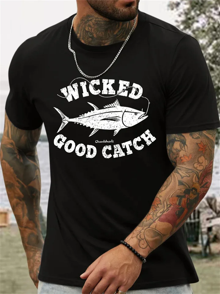 Men's Funny Fishing Graphic Printed Cotton Letters Short Sleeve T-shirt