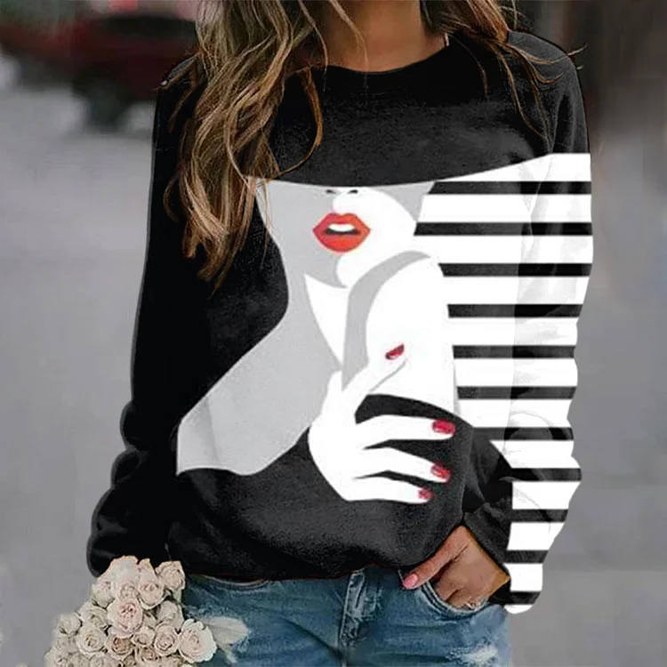 Wearshes Elegant Striped Portrait Print Sweatshirt