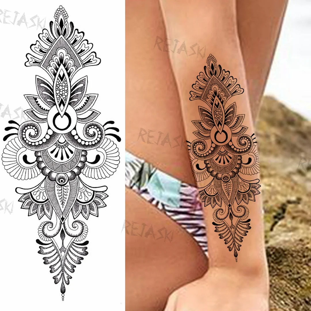 Mandala Flowers Temporary Tattoo For Women Black Henna Mehndi Tattoos Sticker Rose Lace Owl Fake Jewelry Tatoos Body Chest Back