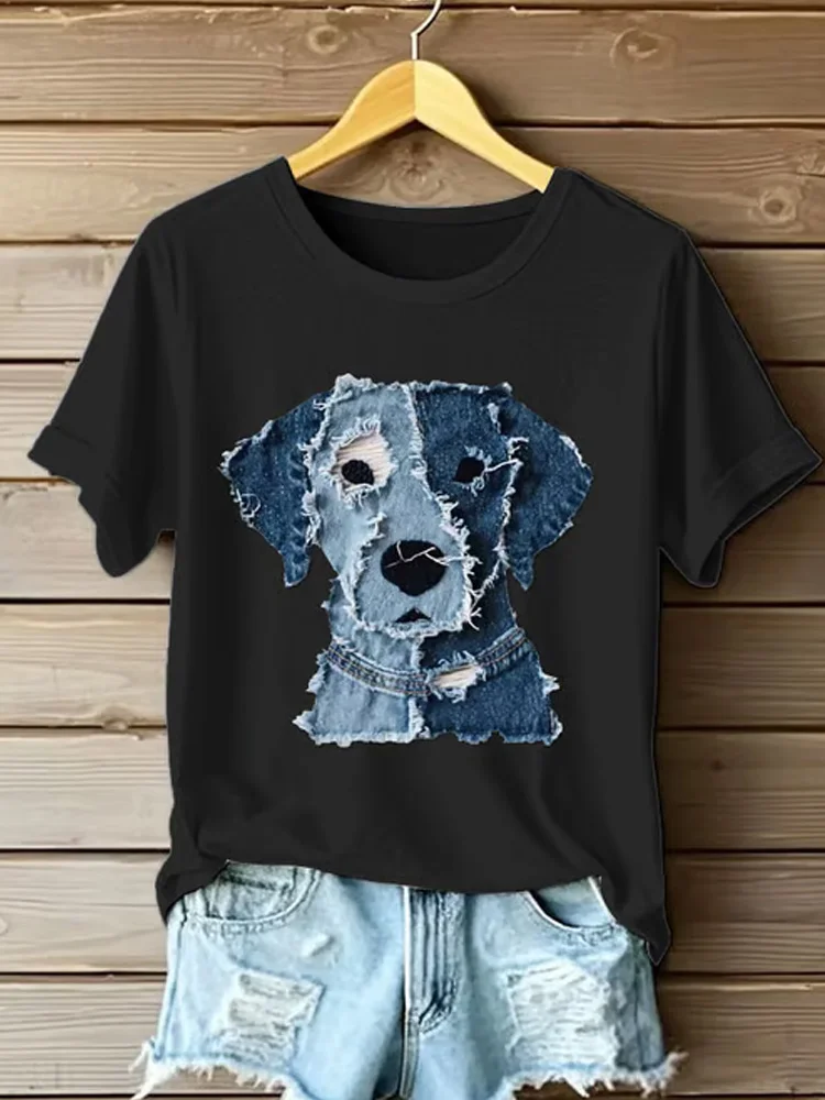 Utbros Women's Retro Funny Denim Patch Animal Dog Print T-shirt