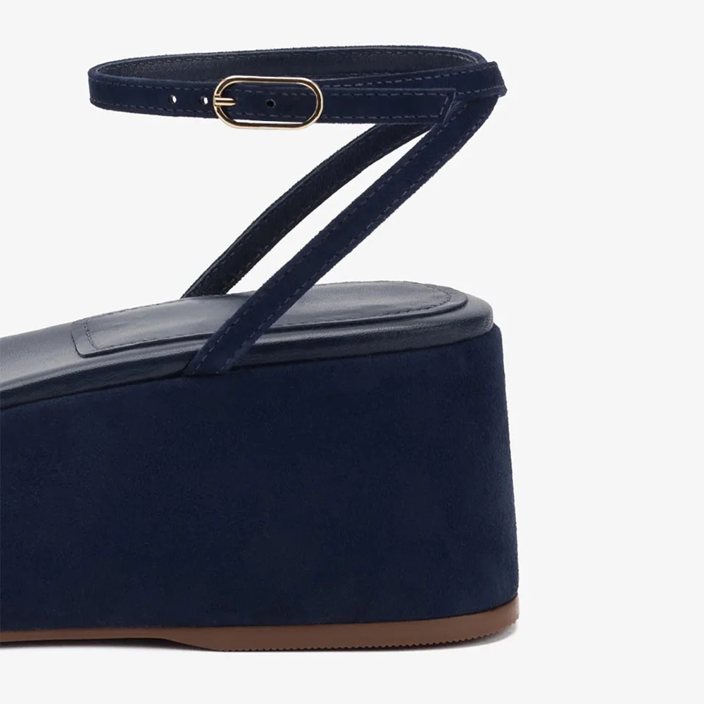 YDN Vegan Suede Open Round Toe Wedge Sandals for Women in Navy