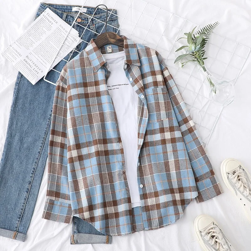 2021 New Long Sleeve Loose Casual Womens Plaid Shirt Fine Fresh College Style Design Blouses And Tops Female Checked Clothes