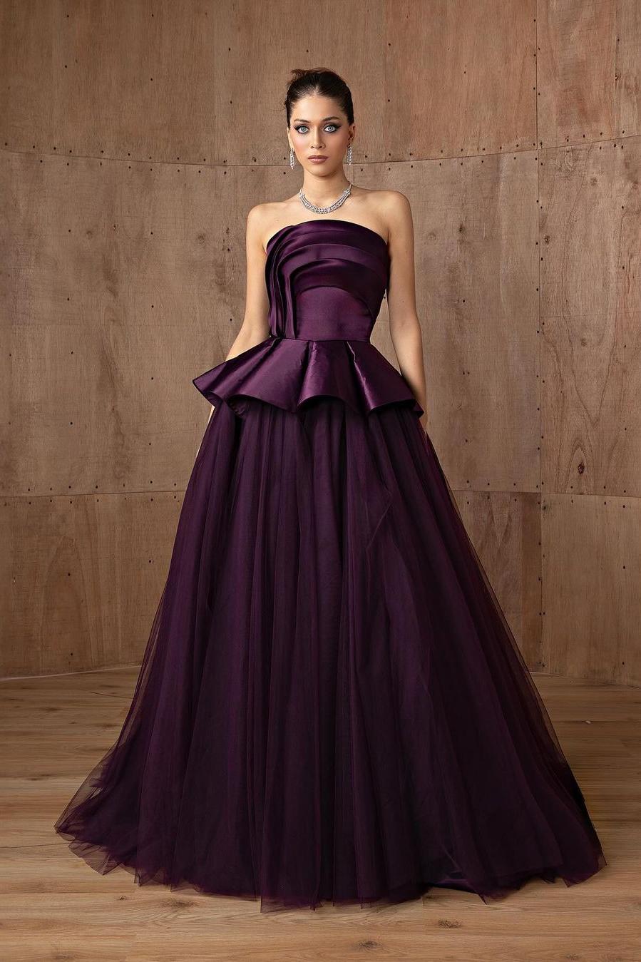 Lvs&Broner Tulle Strapless Sleeveless A Line Long Prom Dress With Ruffles
