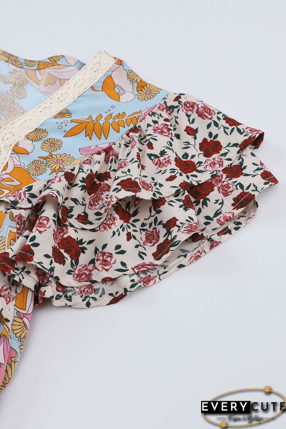 Multicolor Lace Trim Mix Floral Printed Contrast Ruffle Sleeve Blouse