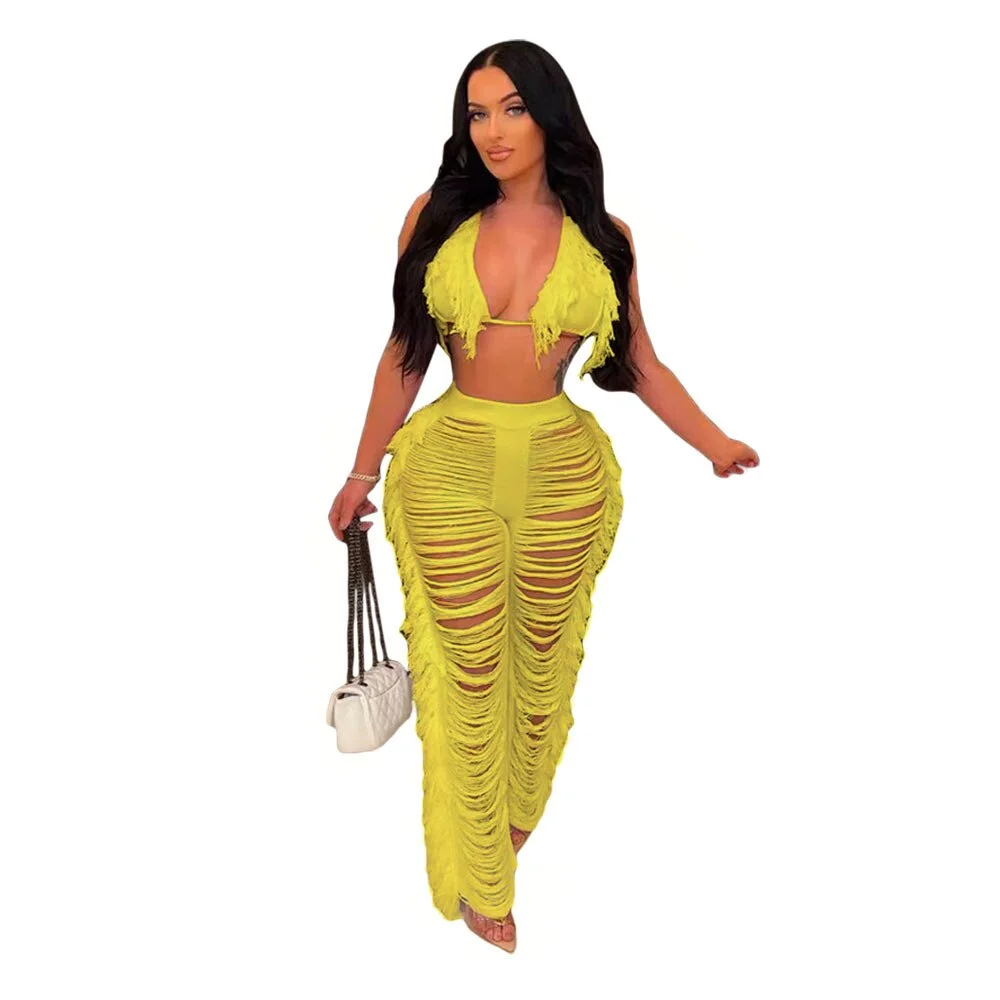 CM.YAYA Sexy Beach White Women 2pcs Set Tassel Crop Tops and Hole Wide Leg Pants Set Sweatsuit Tracksuit Two Piece Set Outfits