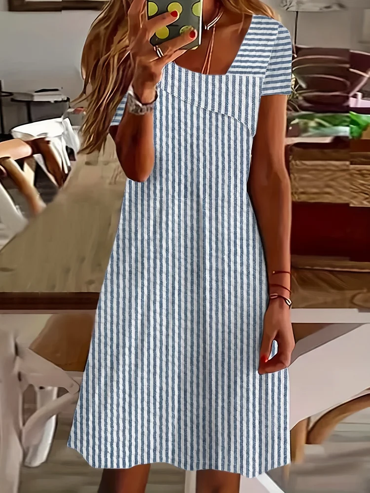 Women's Casual Striped Print Asymmetrical Neckline Short Sleeve Straight Dress - Lightweight Polyester Summer Dress For Casual Attire, Allseason Attire | Asymmetrical Hemline | Comfortable Fi