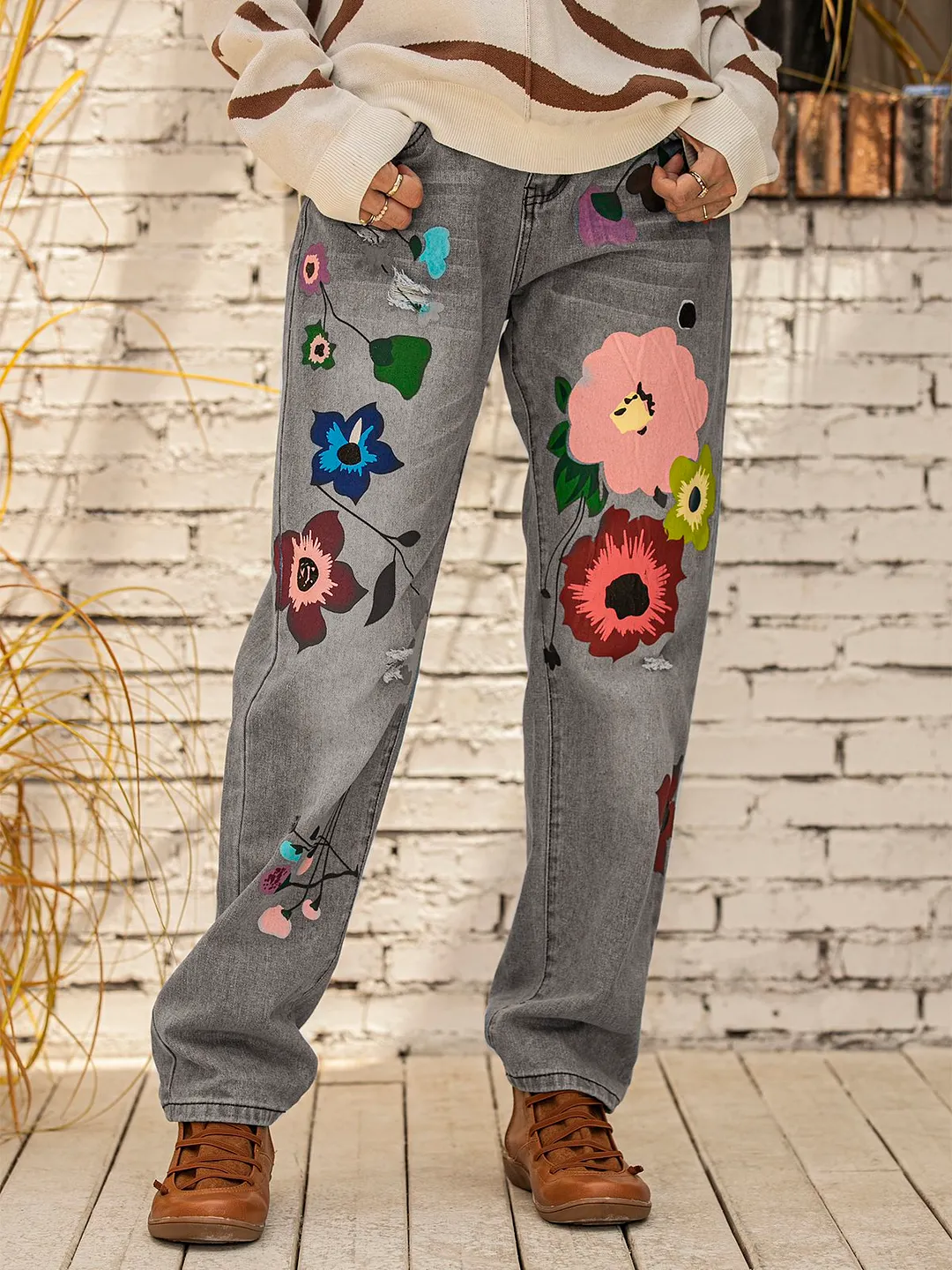 All Season Denim Floral Casual Jeans
