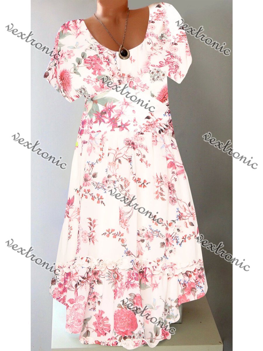 Women's Short Sleeve Scoop Neck Floral Printed Midi Dress