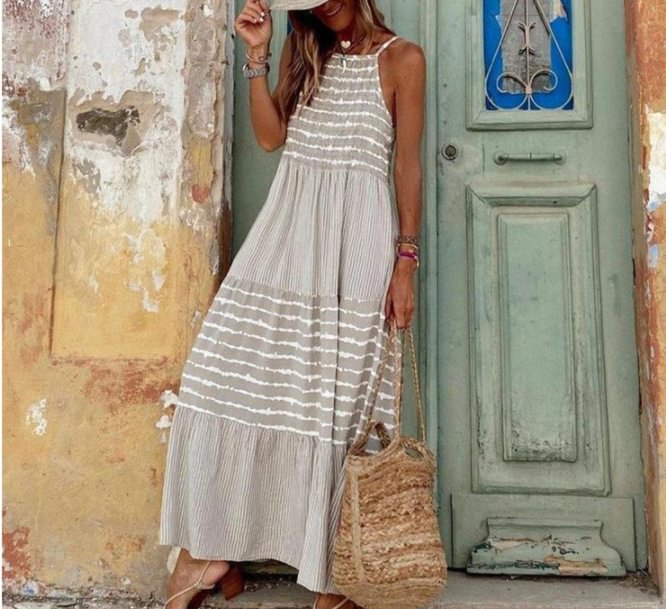 Fashion Stripe Print Off-shoulder Maxi Dress Women | EGEMISS
