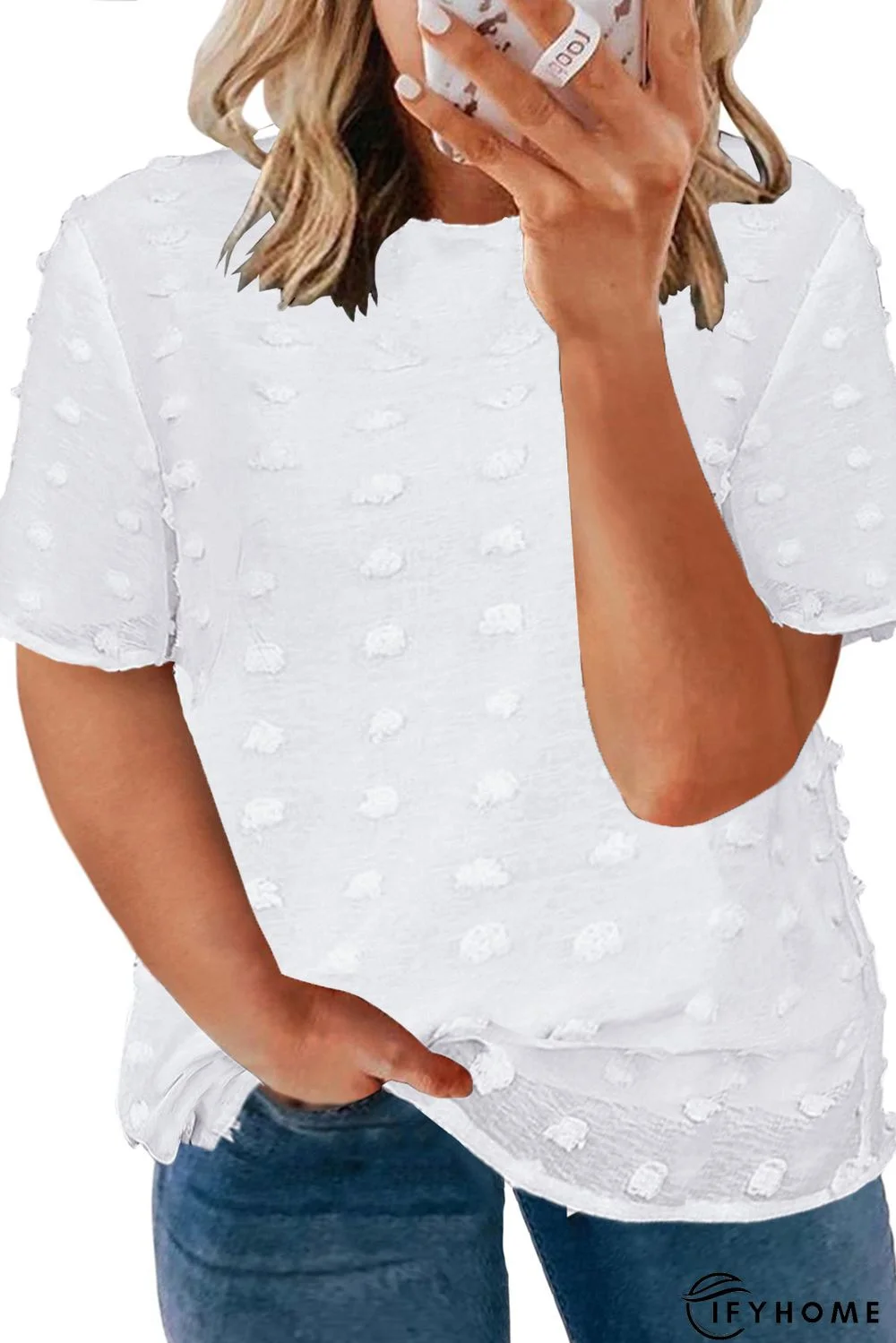 White Plus Size Swiss Dot Texture Short Sleeve Top | IFYHOME