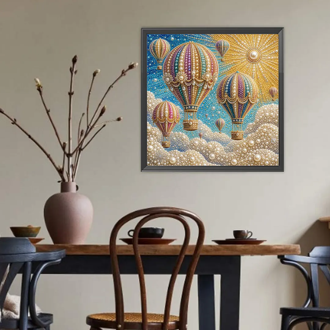 Hot Air Balloon Pearl Full DIY 5D Round Drill Gem Art Diamond Painting Kits 15.75x15.75 in Diamond Dots Paintings Picture Arts Craft Diamond Art Kits for Adults Beginner Home Wall Decor