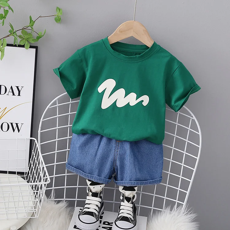 Baby Boy/Girl Summer Solid Wave Print  Pullover T-shirt & Denim Shorts Set